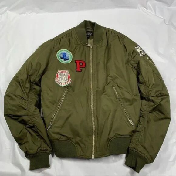 TopShop Bomber Jacket - Army Olive Green with Moto Patches Women's Size US 4 - Picture 1 of 10